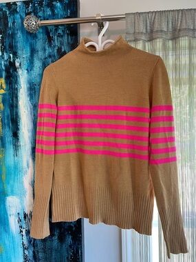 French Connection Camel Sweater with Hot Pink Stripes
